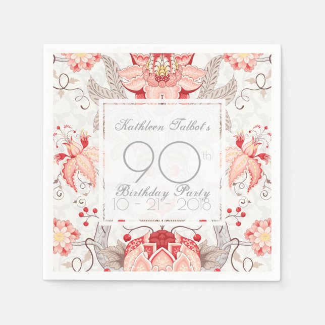 Damask Floral 90th Birthday Party Paper Napkin (Front)