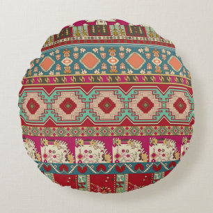 Damask, floral and geometric with colourful patchw round cushion