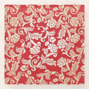 Damask floral background pattern glass coaster