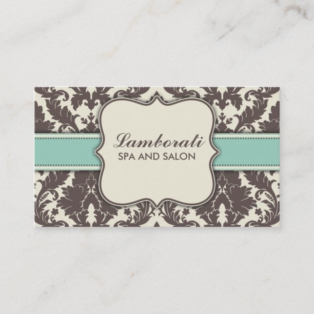 Damask Floral Elegant Modern Brown Beige and Green Business Card (Front)