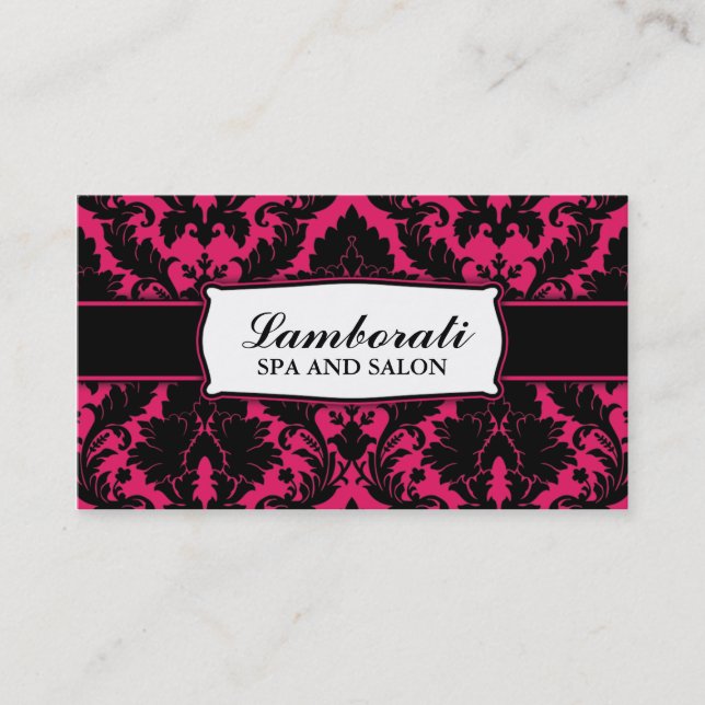 Damask Floral Elegant Modern Hot Pink and Black Business Card (Front)