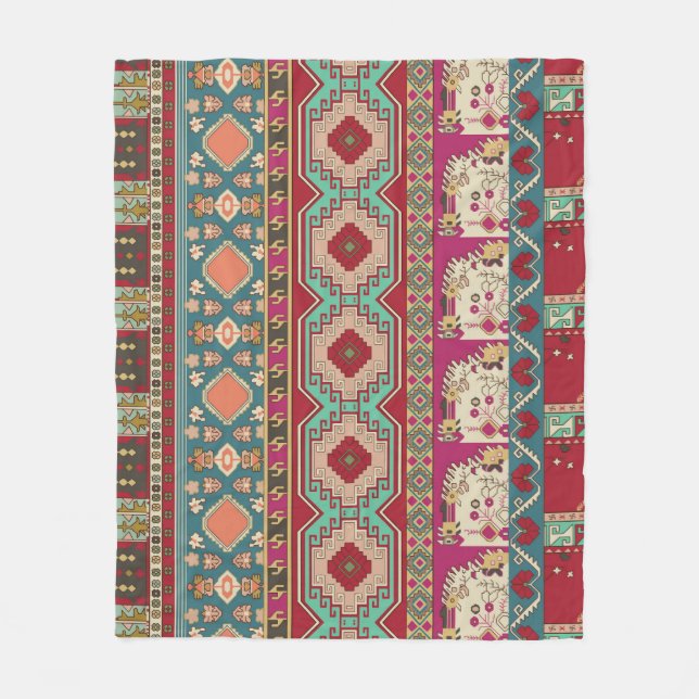 Damask Floral Geometric Colourful Patchwork Fleece Blanket (Front)