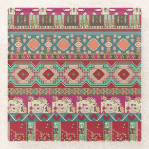 Damask Floral Geometric Colourful Patchwork Glass Coaster