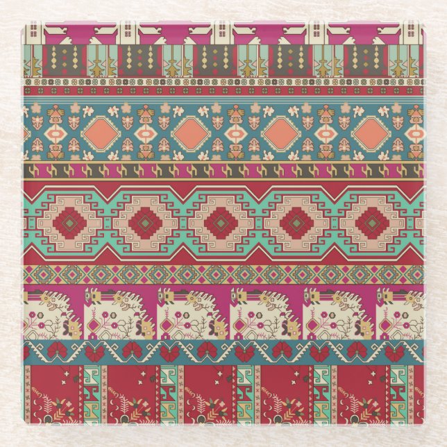 Damask Floral Geometric Colourful Patchwork Glass Coaster (Front)