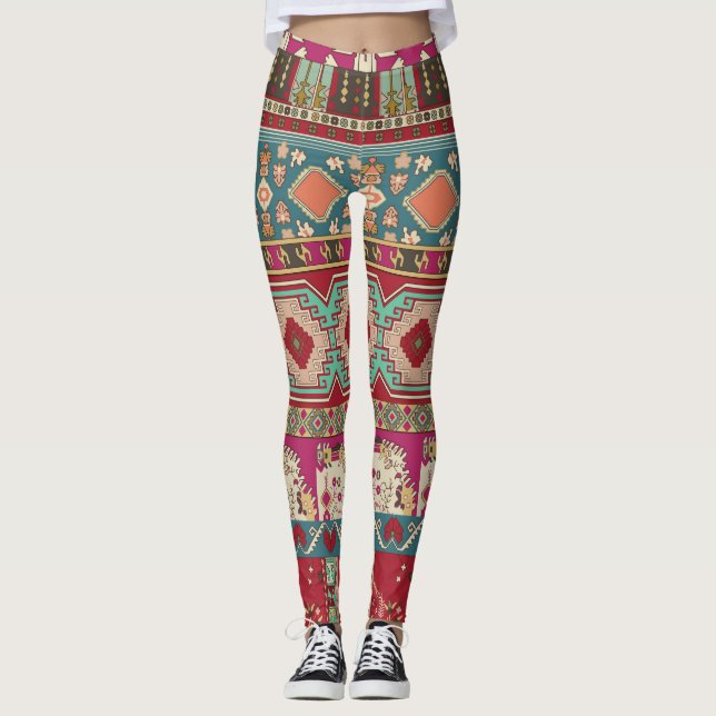 Damask Floral Geometric Colourful Patchwork Leggings (Front)