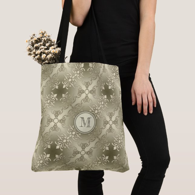 damask floral golden seamless pattern.monogram. tote bag (Close Up)