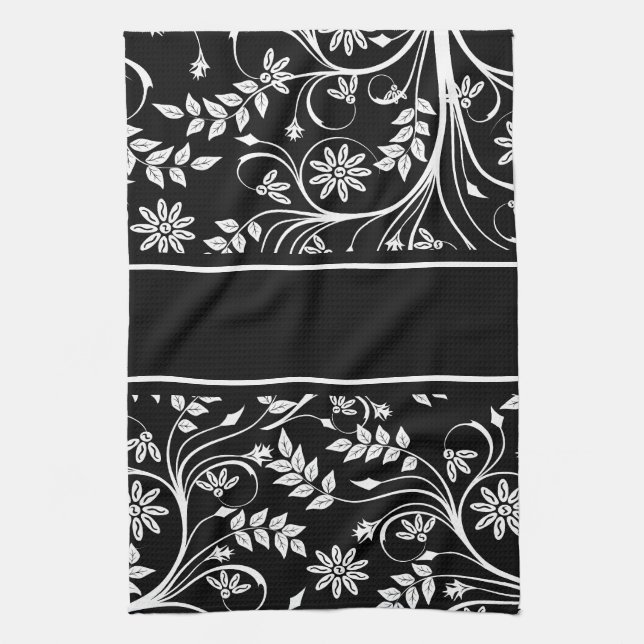 Damask Floral Kitchen Towels (2) Grey Black White (Vertical)