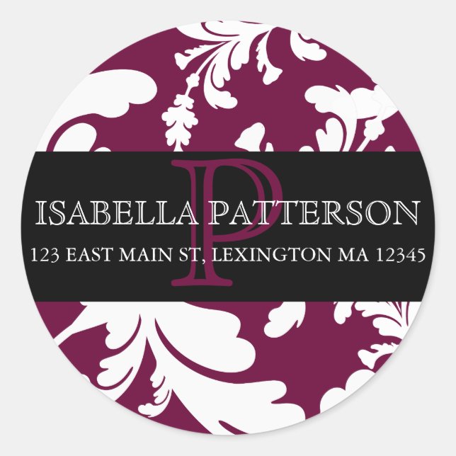 Damask Floral Monogram Circle Address Label (Front)