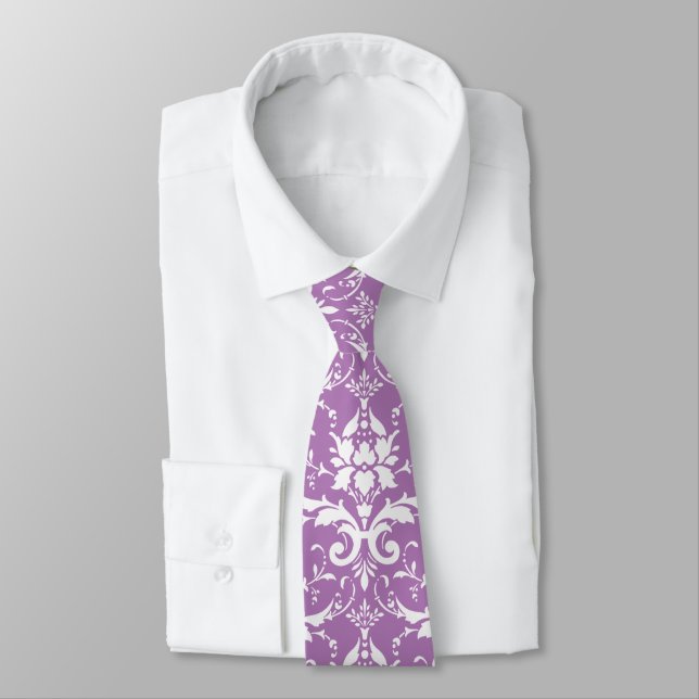 Damask Floral Pattern Any Custom Colour (Purple) Tie (Tied)