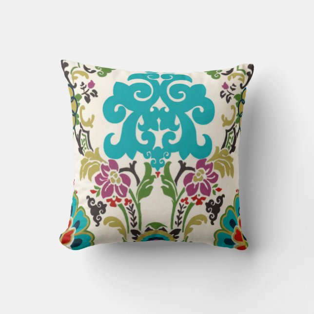 Damask Floral Patterns Plum Turquoise Cushion (Front)