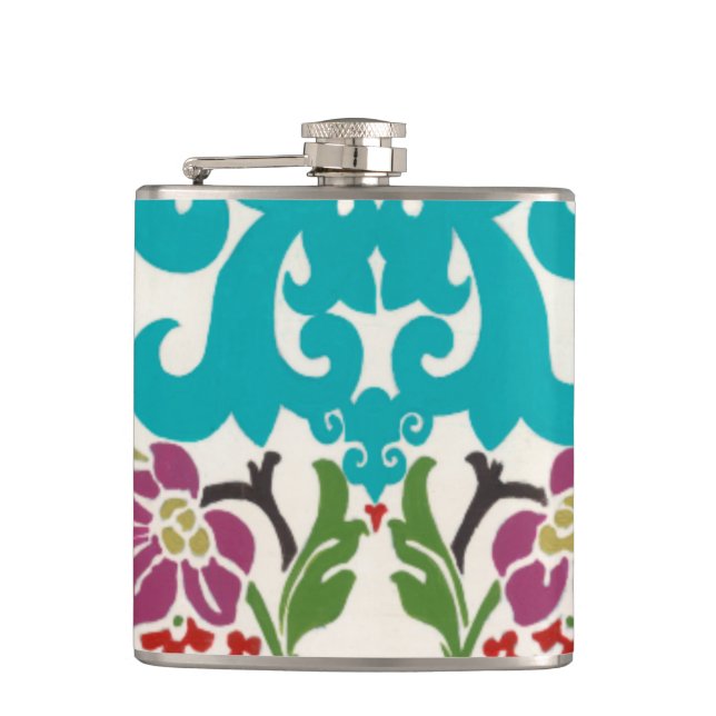 Damask Floral Patterns Plum Turquoise Hip Flask (Front)