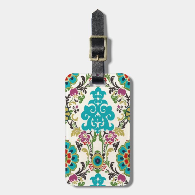 Damask Floral Patterns Plum Turquoise Luggage Tag (Front Vertical)