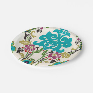 Damask Floral Patterns Plum Turquoise Paper Plate