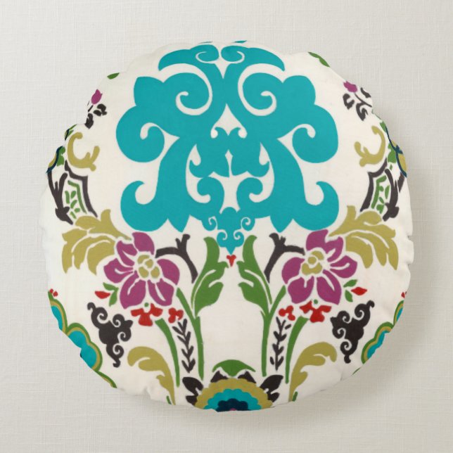 Damask Floral Patterns Plum Turquoise Round Cushion (Front)