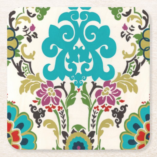 Damask Floral Patterns Plum Turquoise Square Paper Coaster (Front)