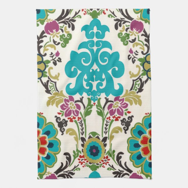 Damask Floral Patterns Plum Turquoise Tea Towel (Vertical)