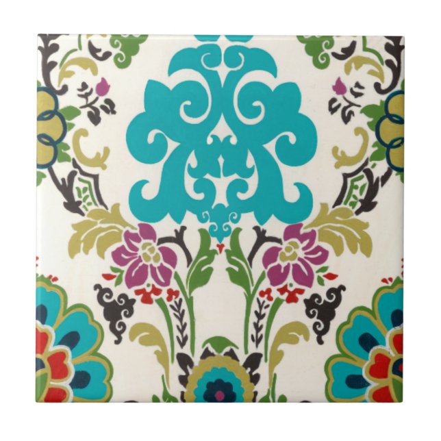 Damask Floral Patterns Plum Turquoise Tile (Front)