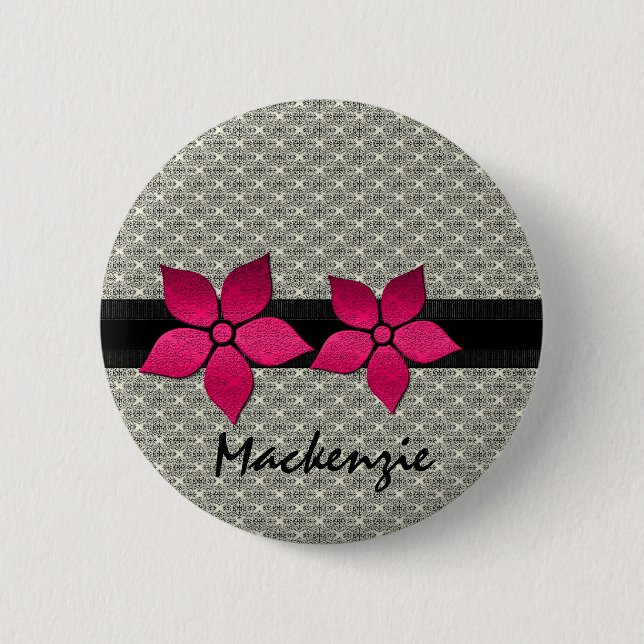 Damask Flowers Striped Border Button (Front)