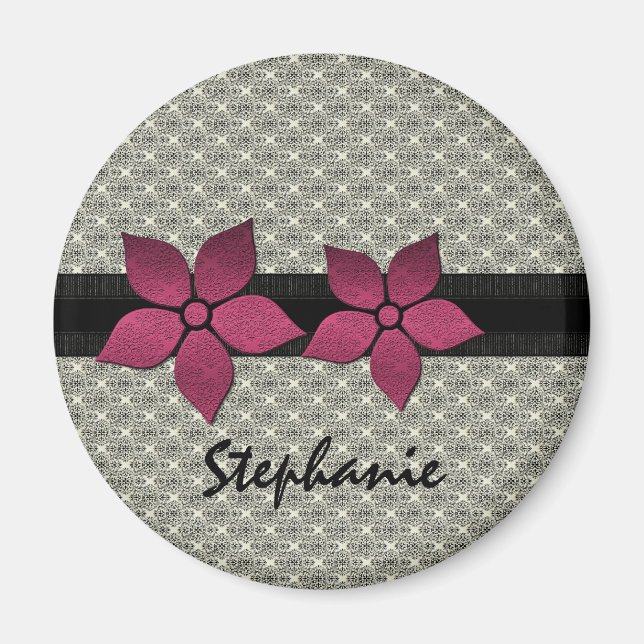Damask Flowers Striped Border Magnet (Front)