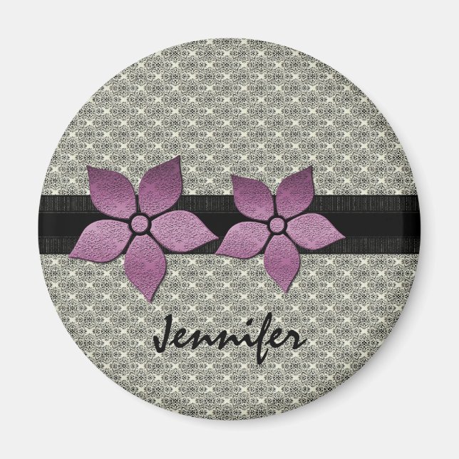 Damask Flowers Striped Border Magnet (Front)
