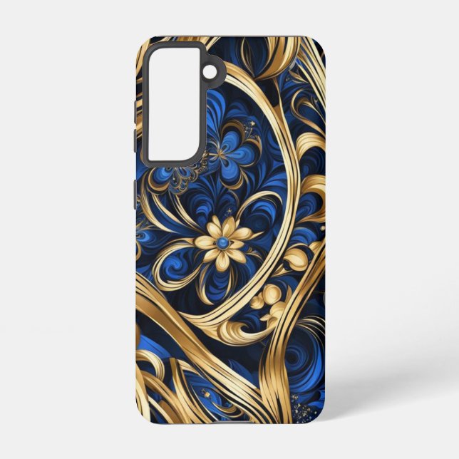Damask Flowers Swirls Blue Gold Black Samsung Galaxy S21 Case (Back)