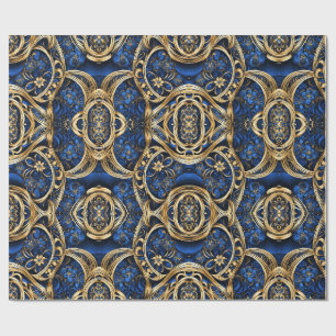 Damask Flowers Swirls Blue Gold Black Wrapping Paper