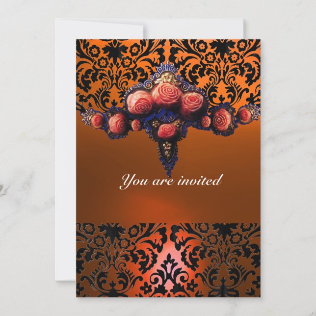 DAMASK GEM AND PINK ROSES MONOGRAM INVITATION (Front)