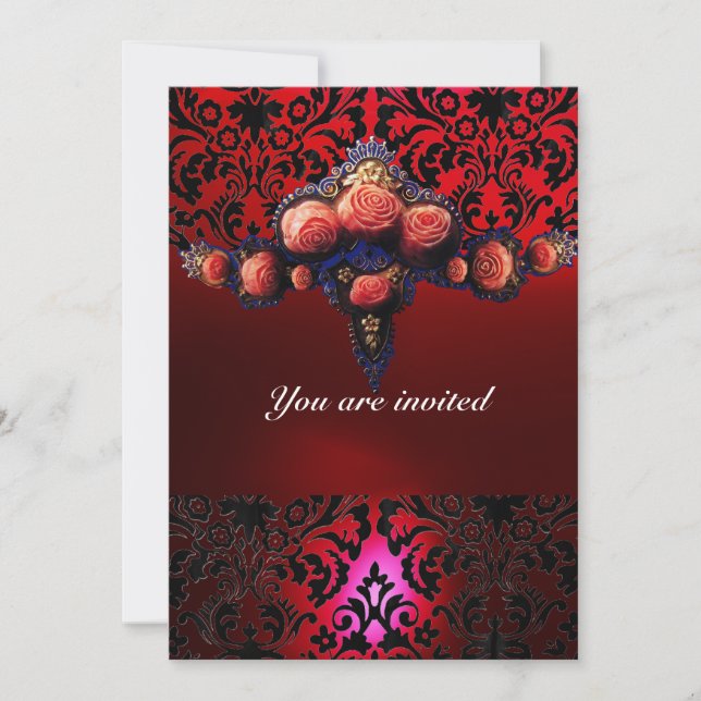 DAMASK GEM AND PINK ROSES MONOGRAM INVITATION (Front)