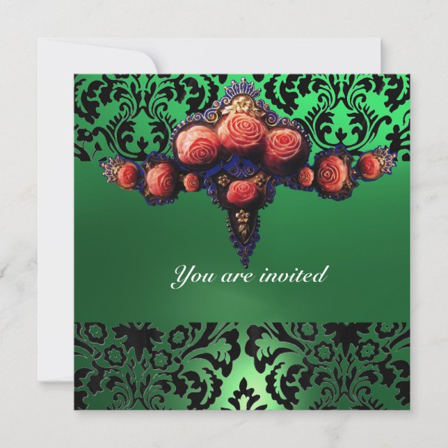 DAMASK GEM AND PINK ROSES MONOGRAM INVITATION (Front)