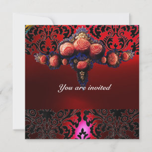 DAMASK GEM AND PINK ROSES MONOGRAM INVITATION