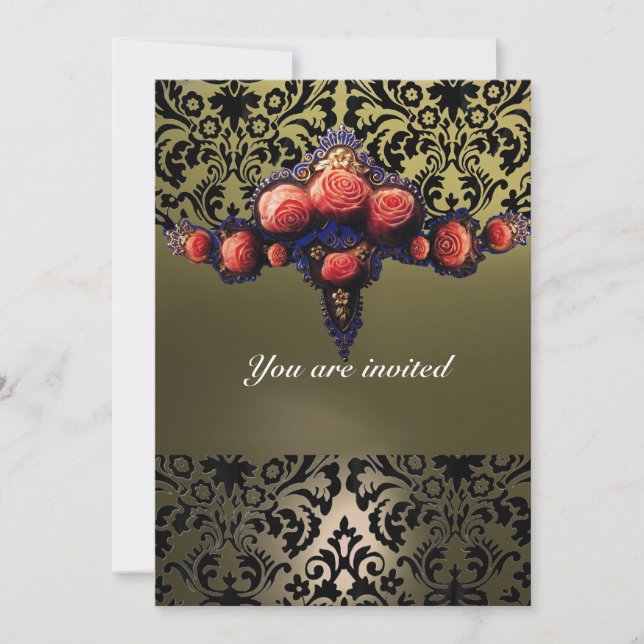 DAMASK GEM AND PINK ROSES MONOGRAM INVITATION (Front)