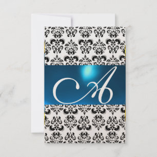 DAMASK GEM MONOGRAM blue rsvp gold Invitation