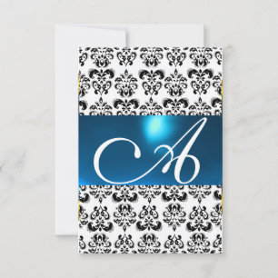 DAMASK GEM MONOGRAM blue white rsvp Invitation