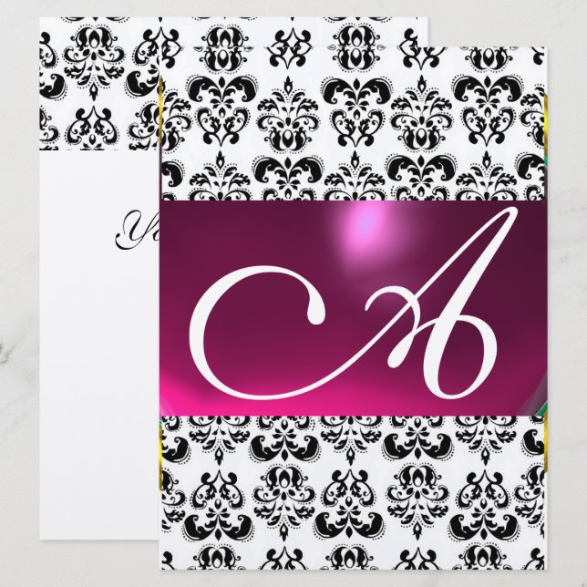 DAMASK GEM MONOGRAM purple pink black white silver Invitation (Front/Back)