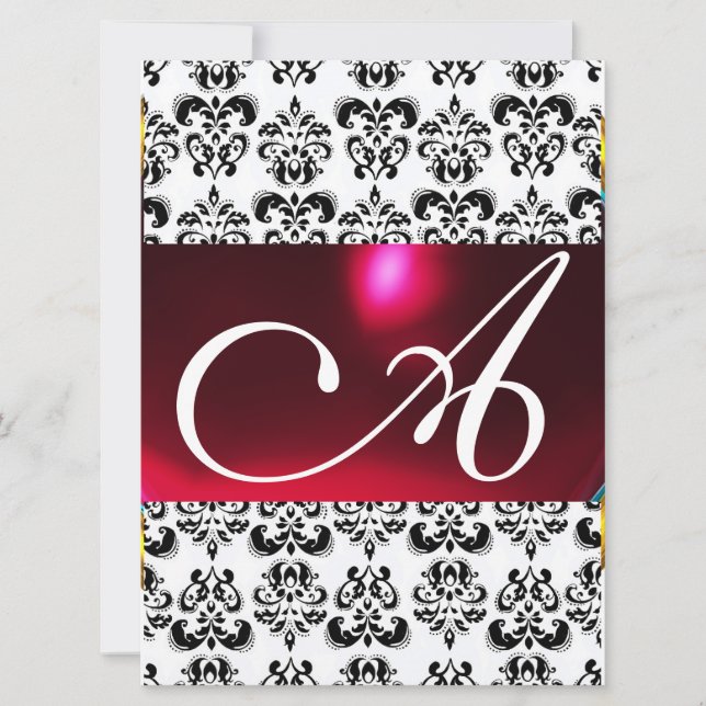 DAMASK GEM MONOGRAM red burgundy white Invitation (Front)