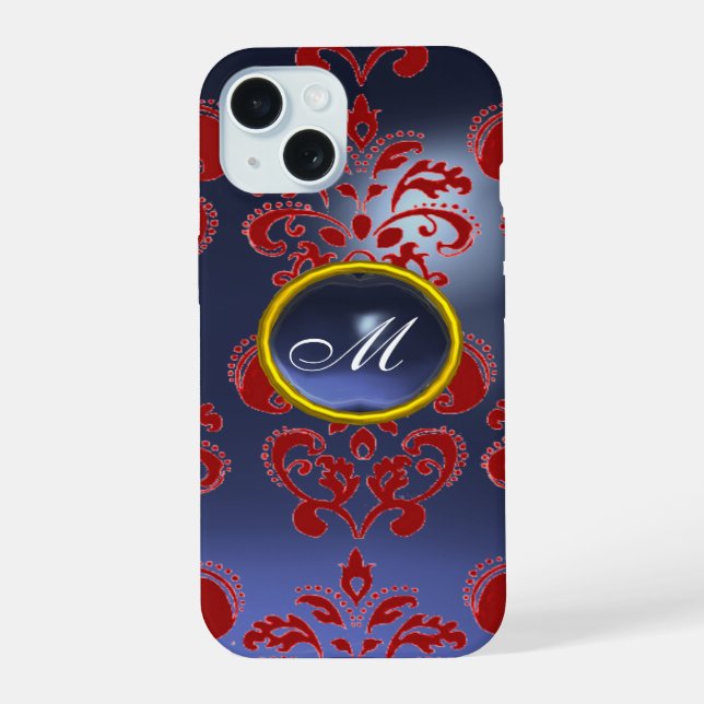 DAMASK GEM MONOGRAM red purple dark iPhone 15 Case (Back)