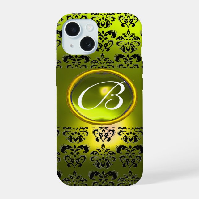 DAMASK GEM MONOGRAM Yellow iPhone 15 Case (Back)