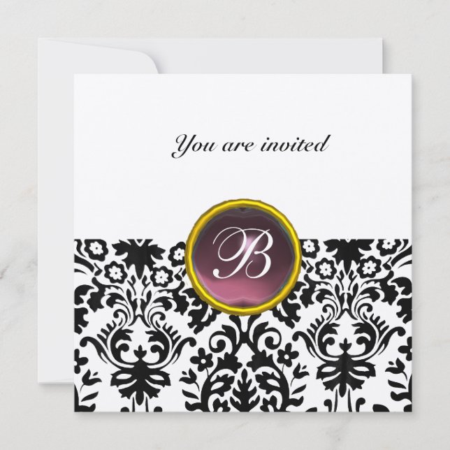 DAMASK GEM STONE MONOGRAM amethyst purple gold Invitation (Front)