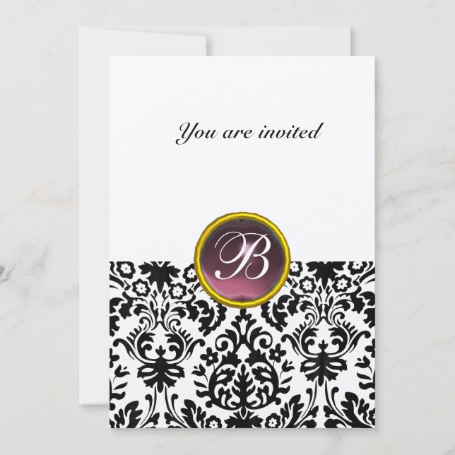 DAMASK GEM STONE MONOGRAM amethyst purple gold Invitation (Front)