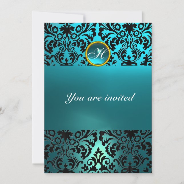 DAMASK GEM STONE MONOGRAM blue aquamarine Invitation (Front)