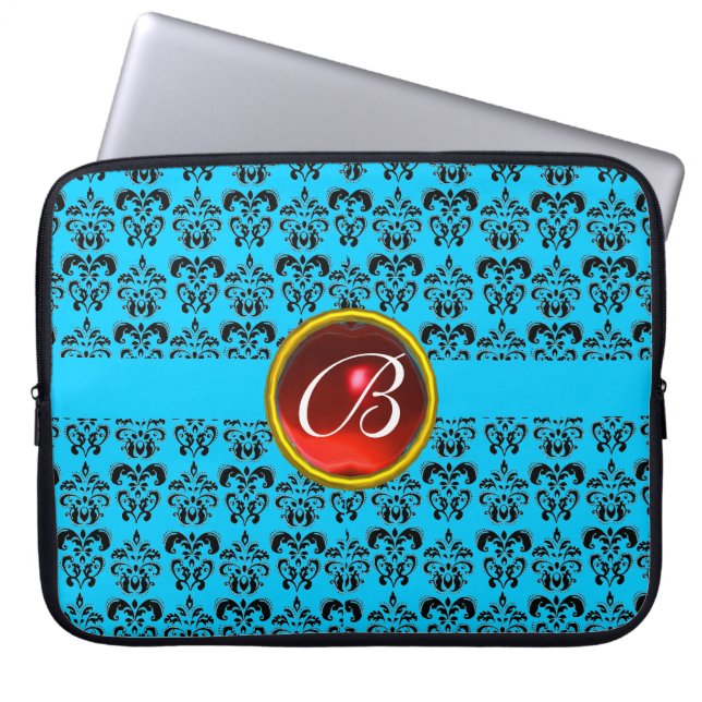 DAMASK GEM STONE MONOGRAM blue red black Laptop Sleeve (Front)