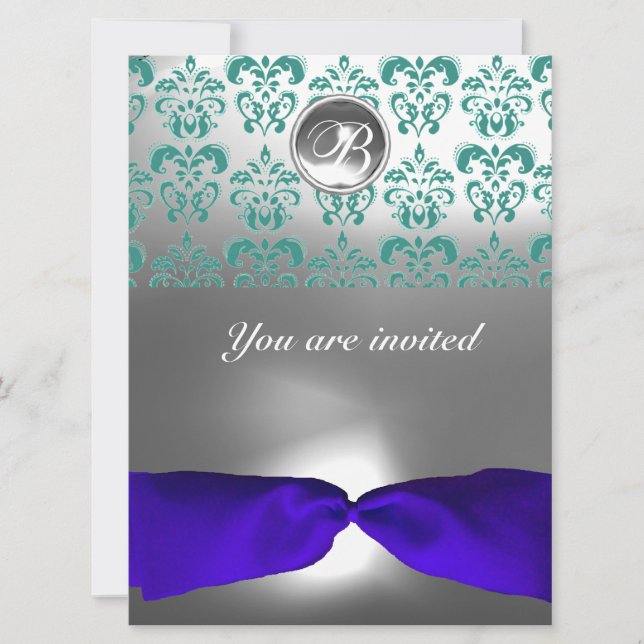 DAMASK GEM STONE MONOGRAM blue ribbon Invitation (Front)
