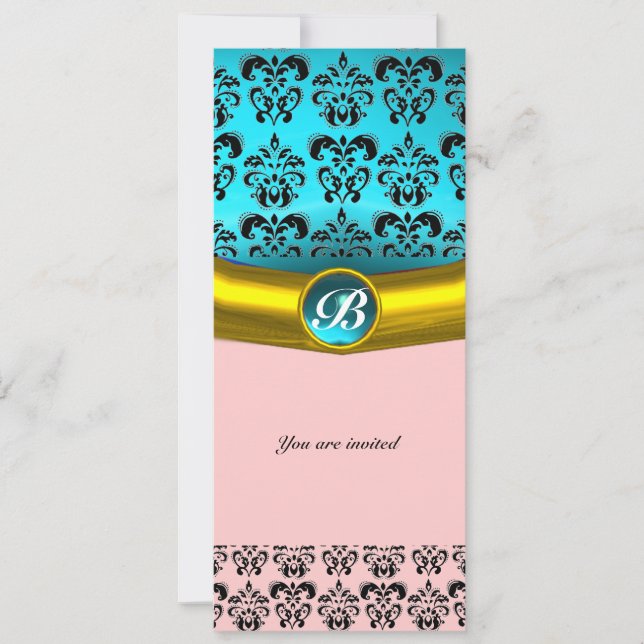 DAMASK GEM STONE MONOGRAM ,blue turquase Invitation (Front)