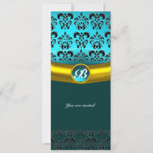 DAMASK GEM STONE MONOGRAM ,blue turquase Invitation