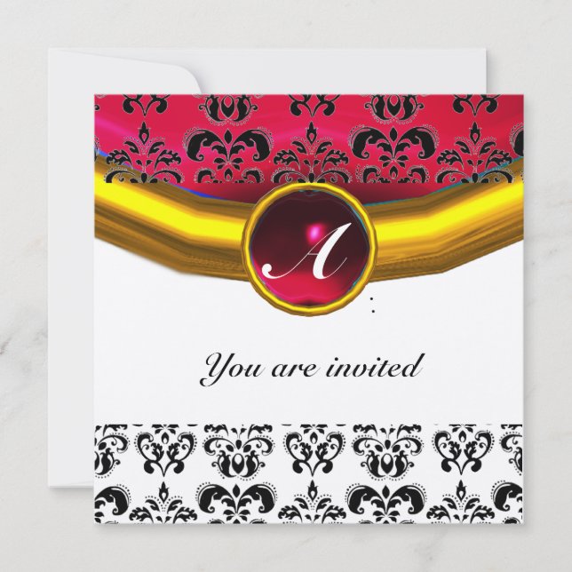 DAMASK GEM STONE MONOGRAM gold red burgundy Invitation (Front)