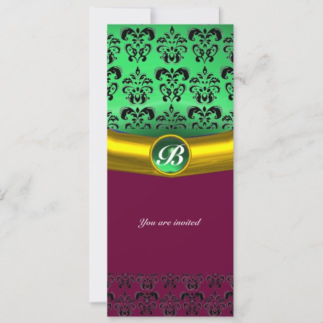 DAMASK GEM STONE MONOGRAM green Invitation (Front)