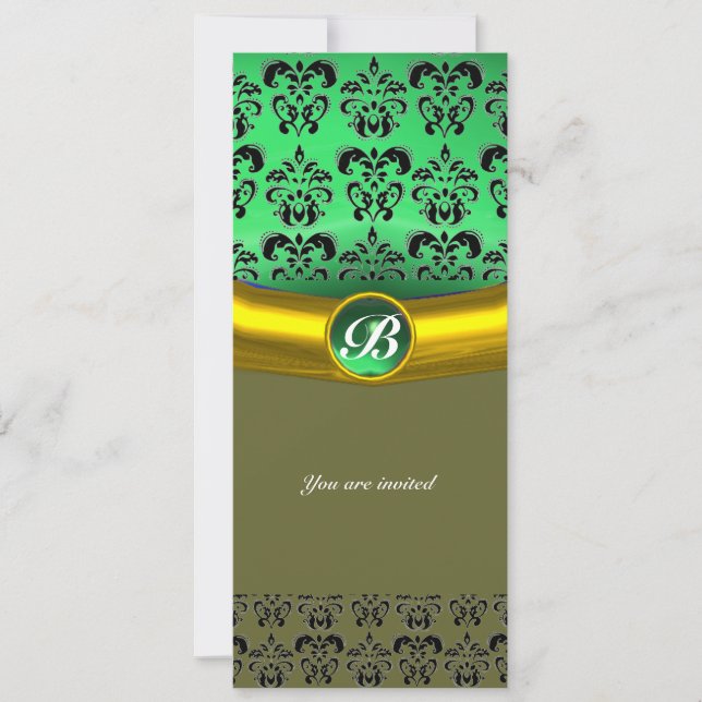 DAMASK GEM STONE MONOGRAM green Invitation (Front)