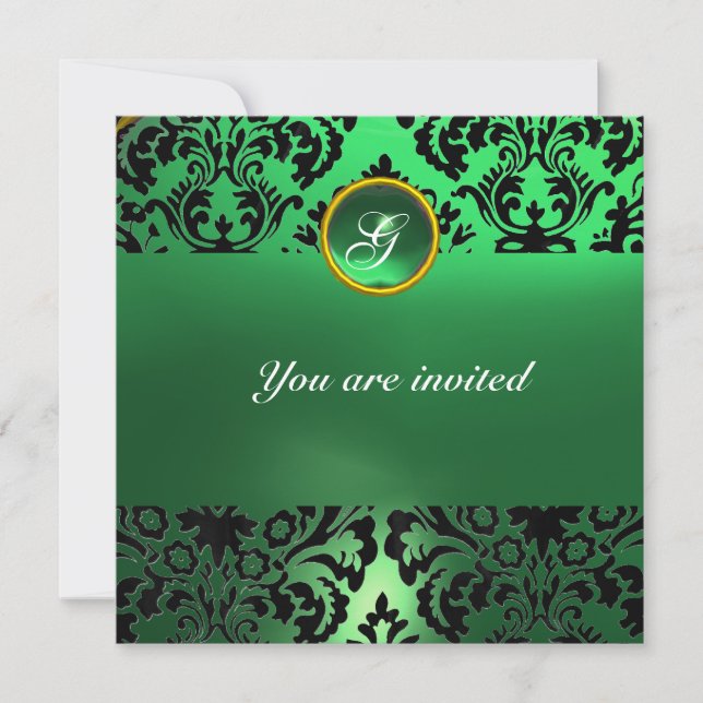 DAMASK GEM STONE MONOGRAM green jade Invitation (Front)