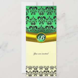 DAMASK GEM STONE MONOGRAM green white yellow black Invitation