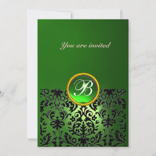 DAMASK GEM STONE MONOGRAM green yellow black Invitation